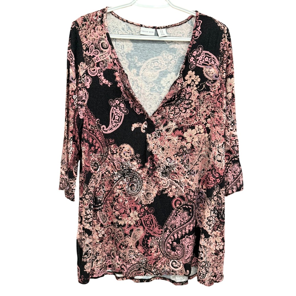Tabitha Webb Womens 1X‎ Paisley Print 3/4 Sleeve V Neck Top Blouse